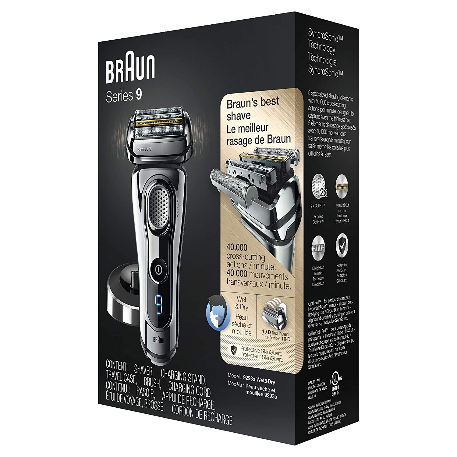 Braun Electric Razor for Men, Series 9 9293s Electric Shaver with Precision Trimmer, Rechargeable, Wet & Dry Foil Shaver and Travel Case